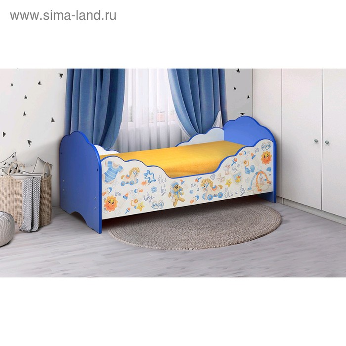 фото Кровать детская «малышка №3», 1400 × 600 мм, цвет белый / синий / фотопечать для мальчиков матрица