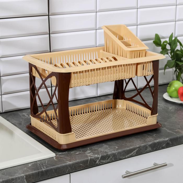 Сушилка для посуды "Лилия", 2 яруса, поддон, цвет бежевый