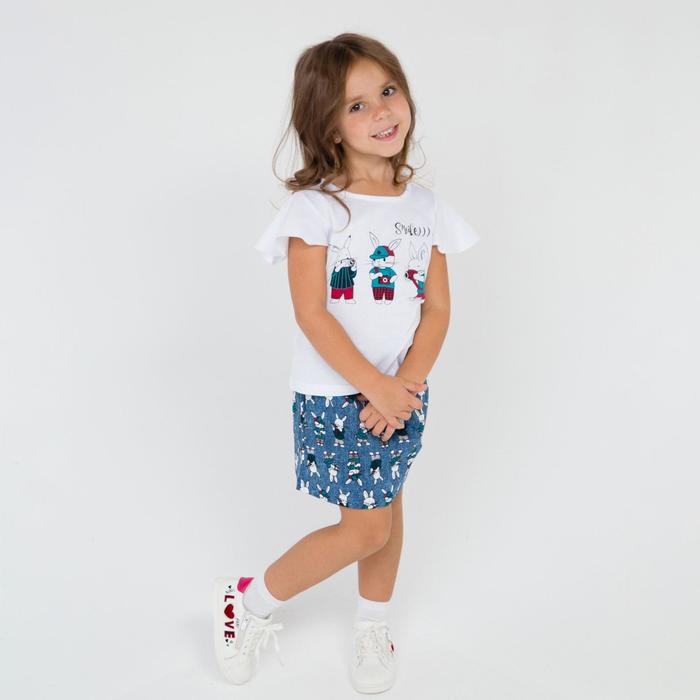 Комплект для девочки (футболка, юбка), цвет белый/синий, рост 104 см