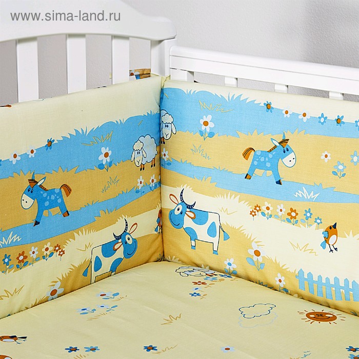 Бортик в кроватку «Ферма», размер 120×35 см-2 шт, 60×35 см-2 шт, голубой