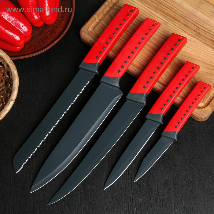 фото Набор кухонных ножей lemax, 5 предметов на подставке, цвет красный herevin