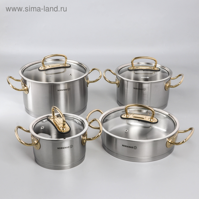 Набор посуды Korkmaz Pro line Gold, 4 предмета: кастрюля 2/4/6,3 л, жаровня 3,1 л