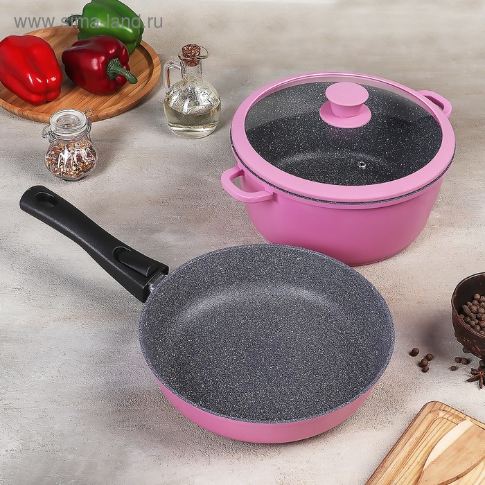 Набор посуды Casta Color, 2 предмета: сковорода d=24 см, съёмная ручка; кастрюля 4 л, стеклянная крышка, цвет розовый