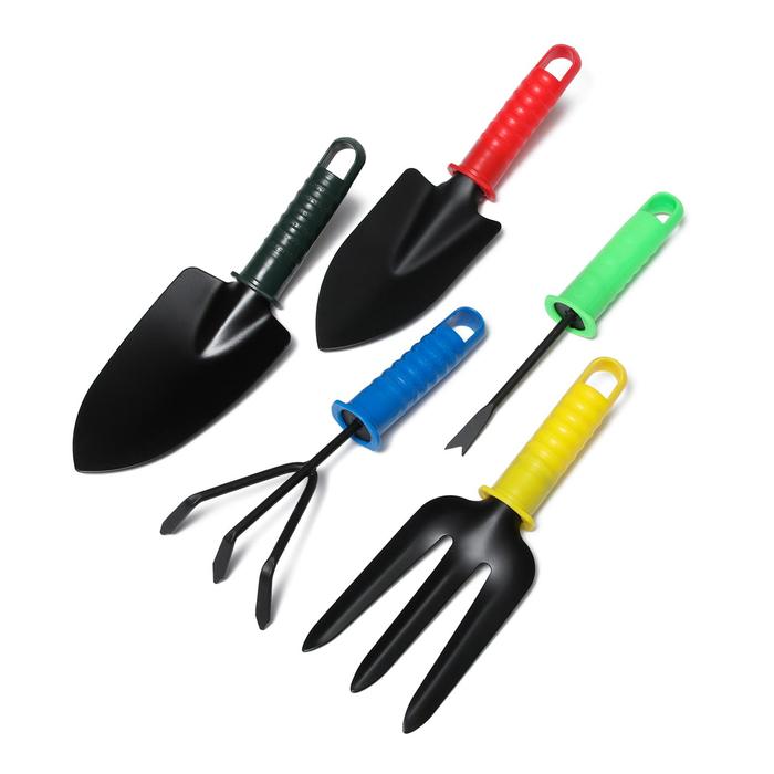 Набор садового инструмента, 5 предметов 2 совка, рыхлитель, вилка, корнеудалитель, длина 27 см, пластиковые ручки, цвет МИКС