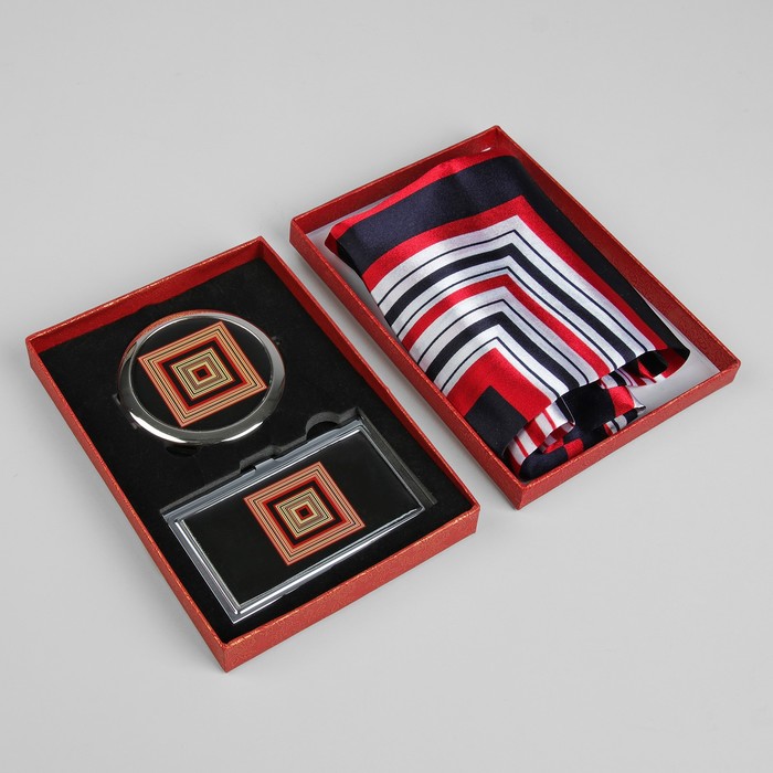 Набор подарочный "Квадраты", 3 предмета: зеркало, визитница, платок, цвет красный