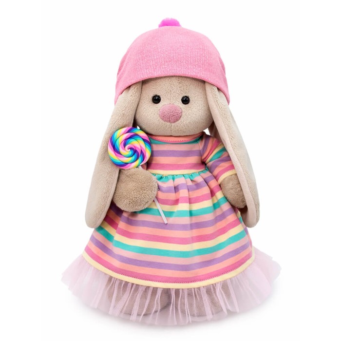 фото Мягкая игрушка «зайка ми» в полосатом платье с леденцом, 25 см