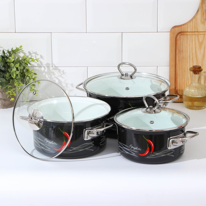 фото Набор кастрюль «спагетти-элит», 3 предмета: 1,9 л, 2,5 л, 3,7 л, крышки, индукция, цвет чёрный керченская эмаль