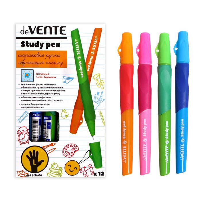 фото Ручка обучающая для левши devente study pen, узел 0.7 мм, каучуковый держатель, чернила синие на масляной основе
