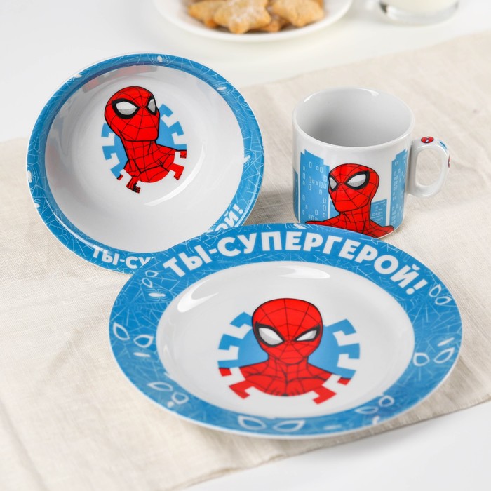 Набор посуды «Ты - супергерой», 4 предмета: тарелка Ø 16,5 см, миска Ø 14 см, кружка 250 мл, коврик в подарочной упаковке, Человек-паук