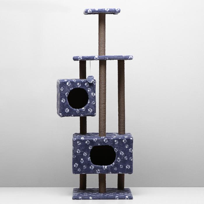 Домик-когтеточка "Квадратный с площадкой и полкой" для кошек, 65х51х173 см, серая с лапкам