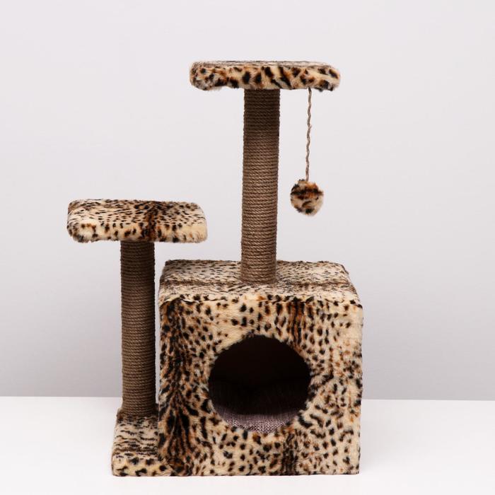 Домик-когтеточка «Квадратный трёхэтажный с двумя окошками», джут, 45×47×75 см, леопард