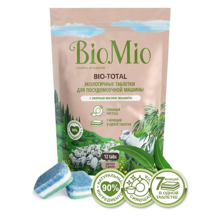 Таблетки для посудомоечных машин BioMio BIO-TOTAL, с маслом эвкалипта, 12 шт. таблетки для посудомоечных машин 7 в 1 biomio bio total с эфирным маслом эвкалипта 30 шт