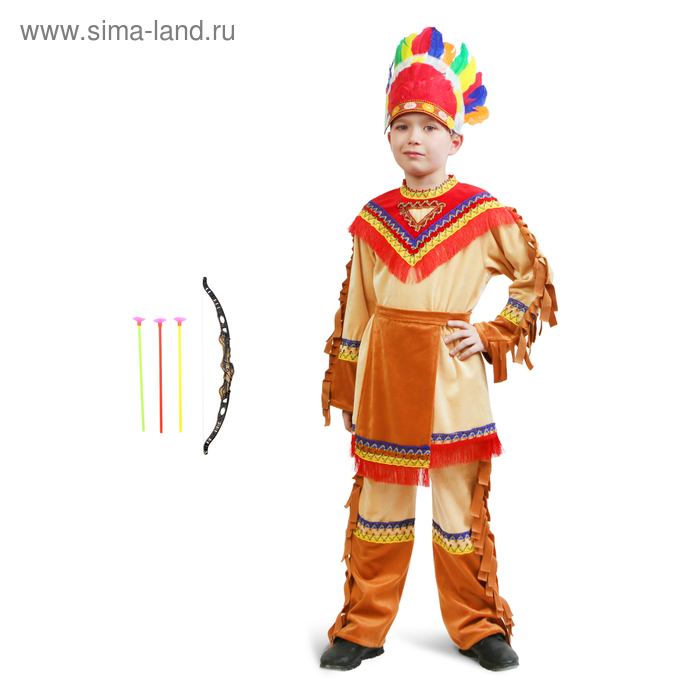 фото Карнавальный костюм «индеец», куртка, брюки, фартук, головной убор, лук, р. 38, рост 146 см страна карнавалия