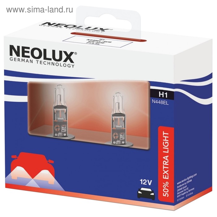 фото Лампа автомобильная neolux h1 55 p14.5s+50% extra light, 2шт 12v 1 10 n448el-2scb