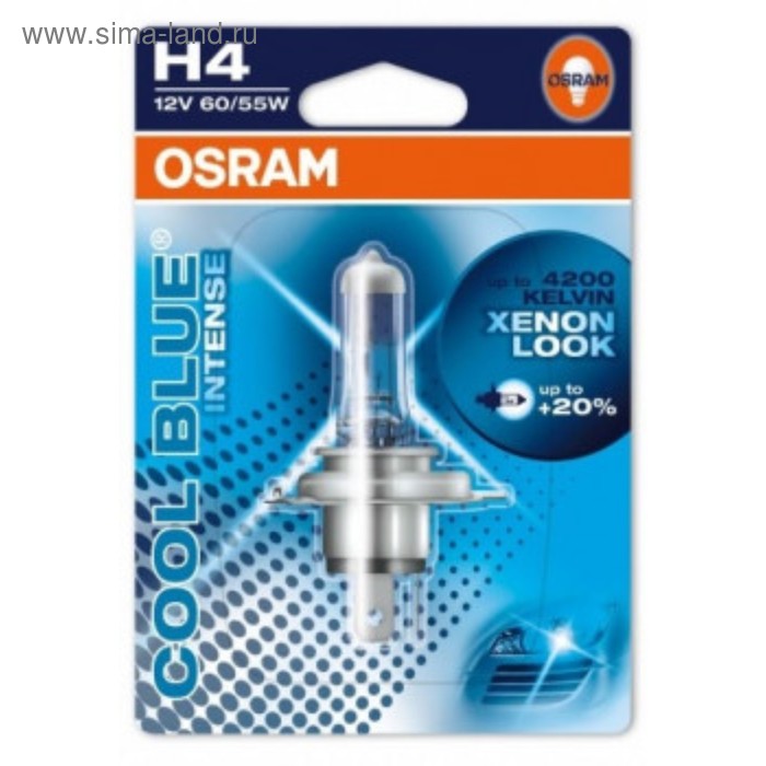 фото Лампа автомобильная osram cool blue intense 12v h4 60/55w +20% p43t-38, блистер, 1 шт, 64193cbi01b