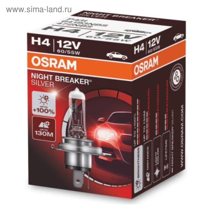 Лампа автомобильная Osram NIGHT SILVER H4 60, 55 P43t+100% 12V, 64193NBS лампа автомобильная osram allseason h4 12 в 60 55 вт p43t