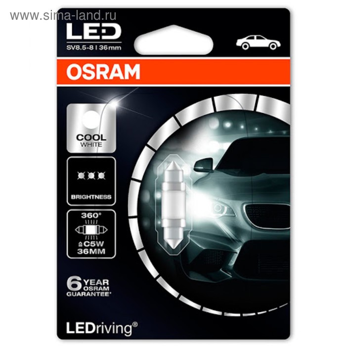 фото Лампа светодиодная cool white osram 12v c5w sv8.5-8 36мм 6000к, блистер, 6498cw01b