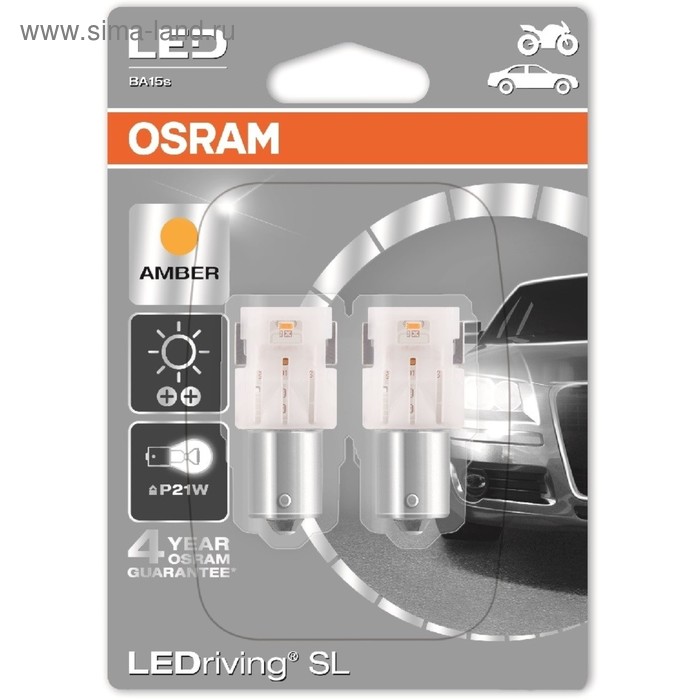 фото Лампа светодиодная osram p21w ba15s led standart amber, блистер, 2 шт, 12v 7458ye-02b