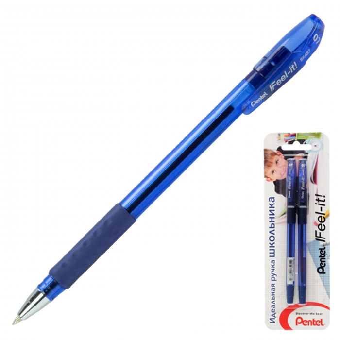 фото Набор ручек шариковых 2 штуки pentel "идеальная ручка школьника", 0,7 мм, 3-х гранная. зона захвата, стержень синий, блистер