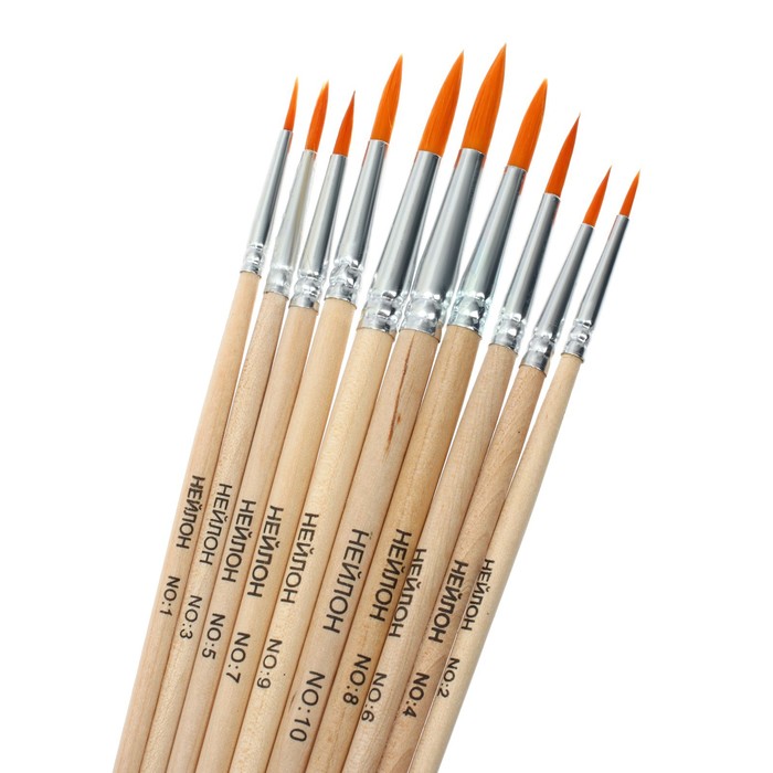 Набор кистей синтетика круглые 10 штук (№1,2,3,4,5,6,7,8,9,10) с деревянными ручками