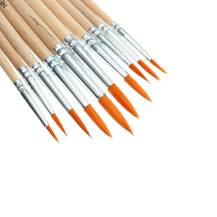 Набор кистей синтетика круглые 10 штук (№1,2,3,4,5,6,7,8,9,10) с деревянными ручками