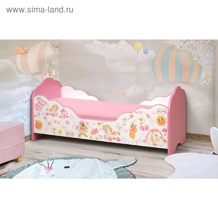 фото Кровать детская «малышка №4», 1400 × 600 мм, белый / ярко-розовый / фотопечать для девочек матрица