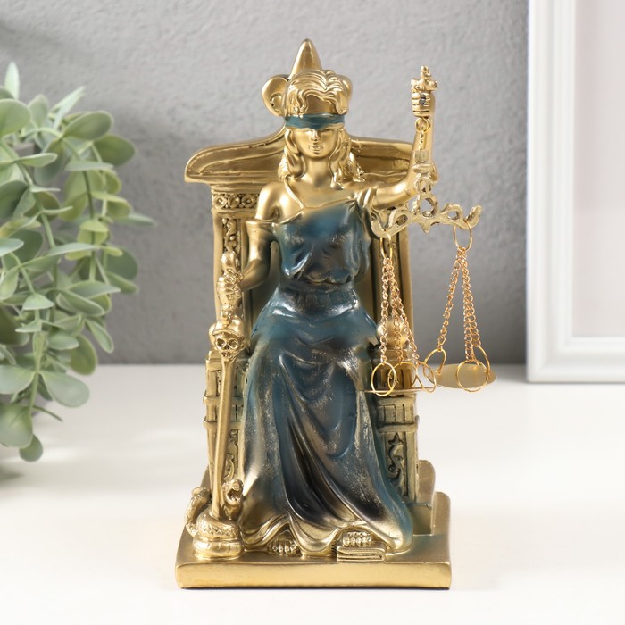 Сувенир полистоун Богиня Фемида на троне золотистый с синим 19х10х9 см