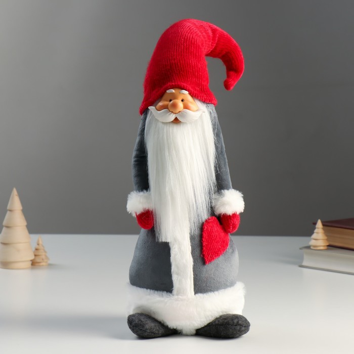 Кукла интерьерная Дедушка Мороз в серой шубе и красном колпаке-шапке 55х15х16 см