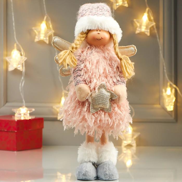 Кукла интерьерная "Ангелочек Мила с звездой в розовой шубке" 42х10х12 см