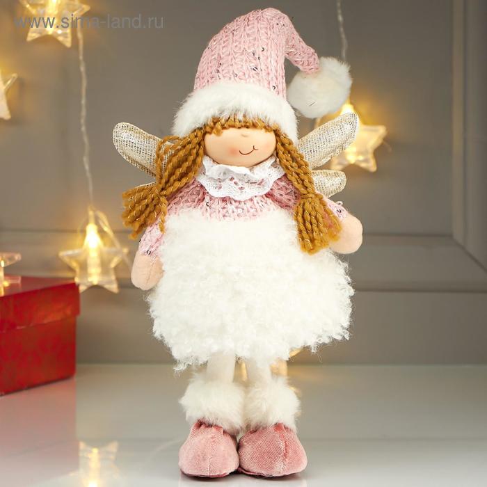 Кукла интерьерная Ангелочек Еся в белом меховой юбке, в розовом колпаке 39х7х18 см