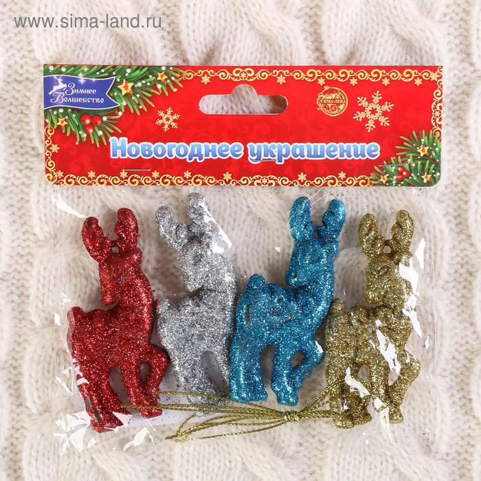 фото Украшение ёлочное "оленята блеск" (набор 4 шт) 3х7 см, микс зимнее волшебство