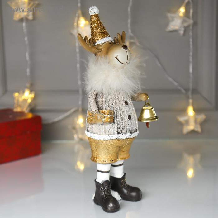 фото Сувенир полистоун "лосик в серебристом свитере с колокольчиком" 27х6,5х9 см