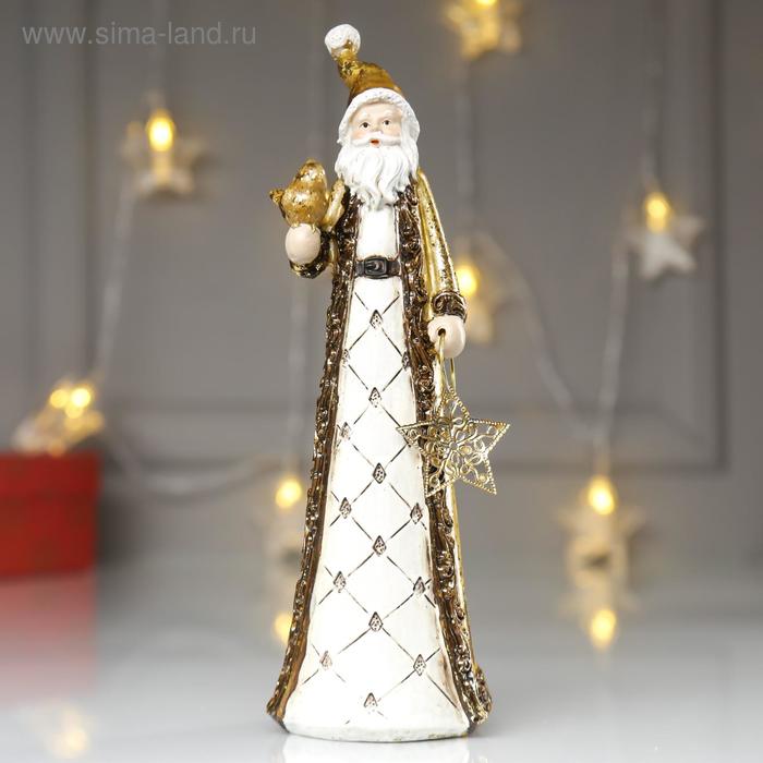 дед мороз в пушистой шубе колпачке с подарком 47 см бело золотой Сувенир полистоун Дед Мороз в золотой шубе, с птичкой и звездой 22х6,5х7 см