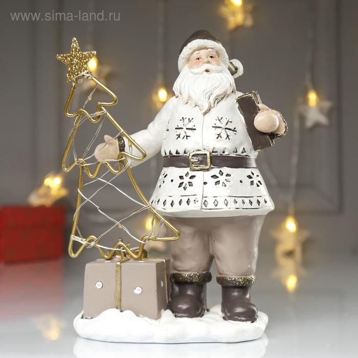 Сувенир полистоун свет Дед Мороз в перламутр. кафтане у ёлочки - снежинки 22,5х9,5х16 см