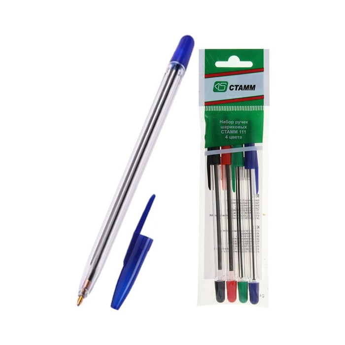 Набор ручек шариковых микс 4 цвета «Стамм» 111, узел 1.0 мм, чернила: синие, красные, зеленые, чёрные, европодвес
