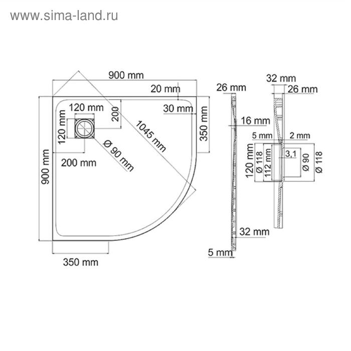 

Душевой поддон WasserKRAFT Leine 35T01, 900 x 900 x 26 мм, полукруглый, белый