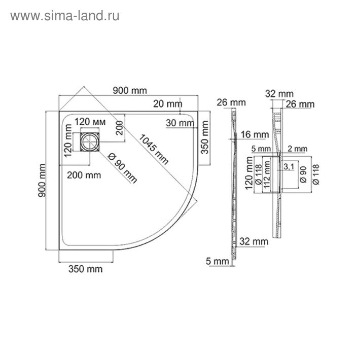 фото Душевой поддон wasserkraft main 41t01, 900 x 900 x 26 мм, полукруглый, белый