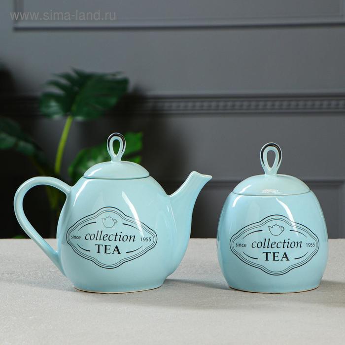 фото Чайный набор "петелька" чайник 0,8 л, сахарница 0,5 л,голубая глазурь, деколь чай, микс керамика ручной работы