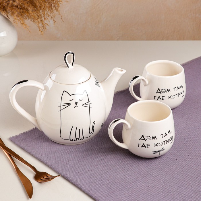 фото Чайный набор "петелька", кот и бабочка, 3 предмета: чайник 1,1 л и 2 чашки 0,38 л, микс керамика ручной работы