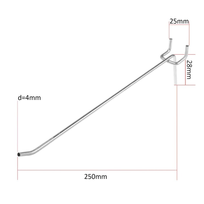 Крючок одинарный для металлической перфорированной панели, L=250мм, d=4мм, шаг 25мм крючок одинарный для металлической перфорированной панели шаг 25мм d 6мм l 10мм цвет хром