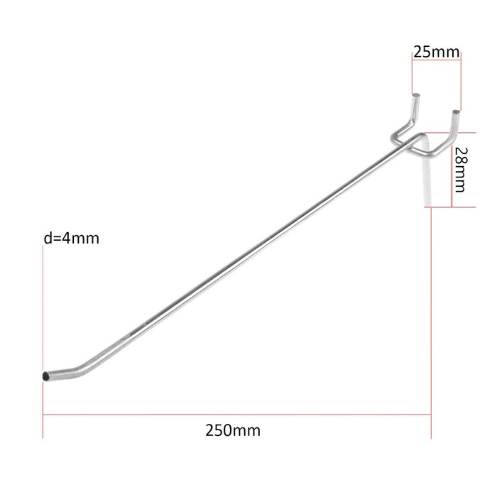 Крючок одинарный для металлической перфорированной панели, L=250мм, d=4мм, шаг 25мм