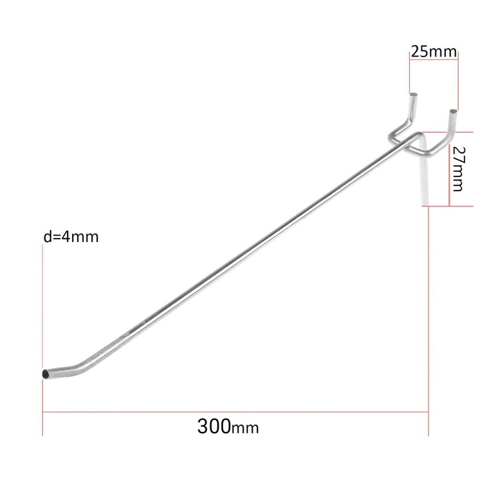 Крючок одинарный для металлической перфорированной панели, L=300мм, d=4мм, шаг 25мм крючок одинарный для металлической перфорированной панели d 6мм l 15 цвет хром