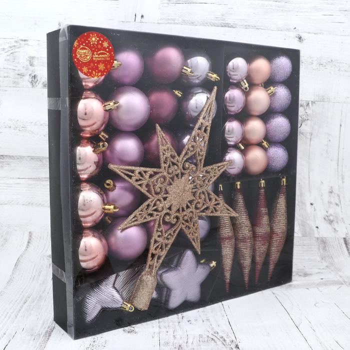 фото Набор украшений пластик с верхушкой 43 шт "глория 1" (32 шара, 4 сосульки, 6 звёзд) микс зимнее волшебство