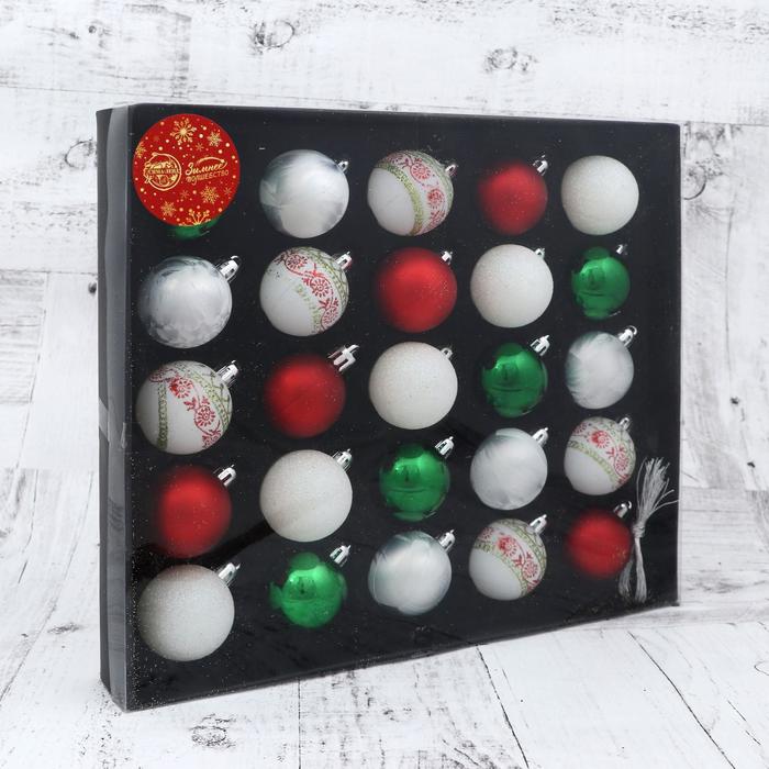 фото Набор шаров пластик d-4 см, 25 шт "нембус" белый, красный, зелёный зимнее волшебство