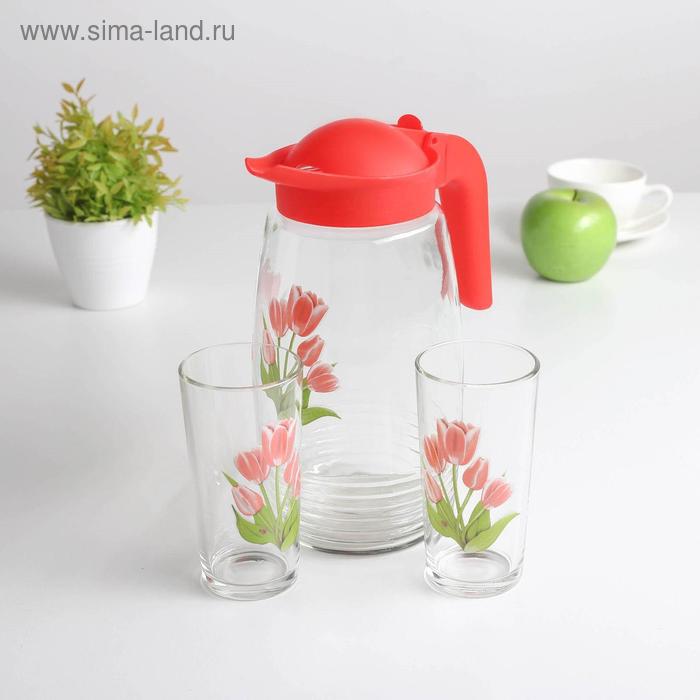 фото Набор питьевой «весенние тюльпаны», 3 предмета: кувшин 1,3 л, стакан 230 мл 2 шт gidglass