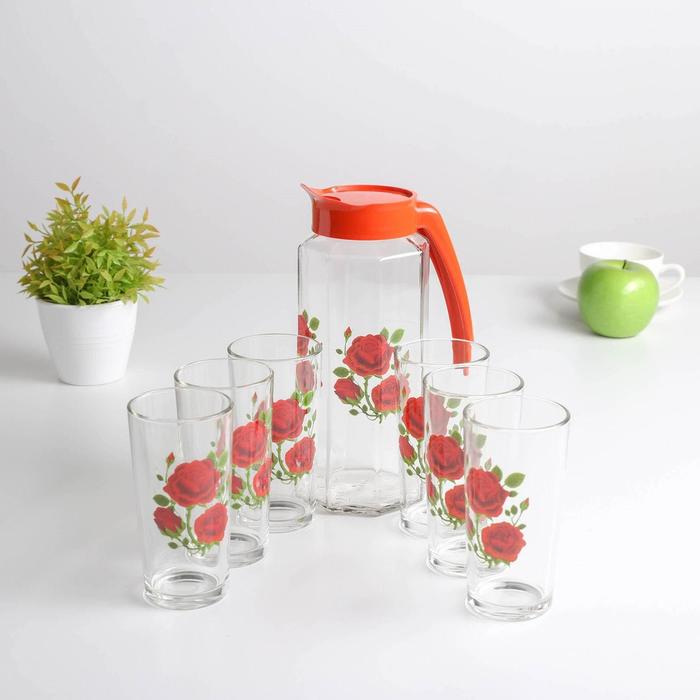 фото Набор питьевой «алая роза», 7 предметов: кувшин 1 л, стакан 230 мл 6 шт gidglass