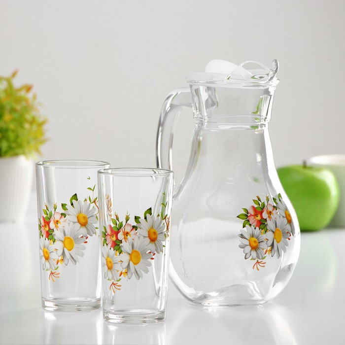 фото Набор питьевой «белые ромашки», 3 предмета: кувшин 1 л, стакан 230 мл, 2 шт, микс gidglass