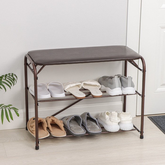 фото Подставка для обуви с сиденьем, 3 яруса, 65×32×48,5 см см, цвет медный антик