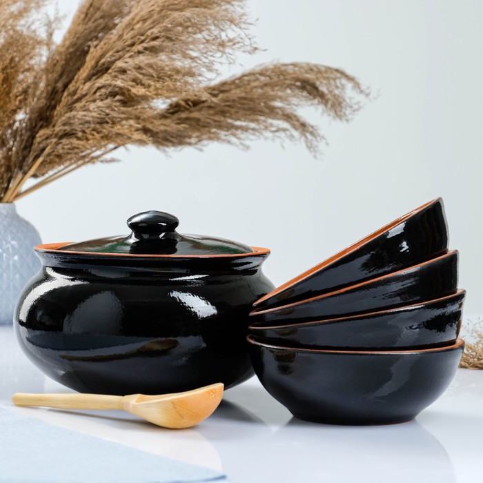 Набор посуды Вятская керамика 2,5л + 4х0,5л + ложка, черный набор керамических горшков для запекания вятская керамика 4 предмета
