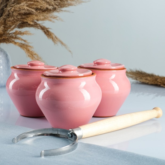 Набор Вятская керамика Трио 0,5лх3шт + ухват, розовый набор керамических горшков для запекания вятская керамика 4 предмета